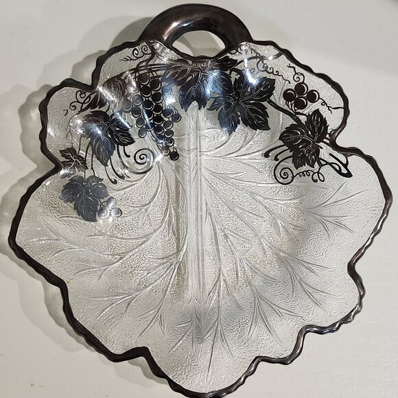 Vintage Clear Divided Dish Grape Leaf Shape and Design With Black Gun Metal - Picture 1 of 10